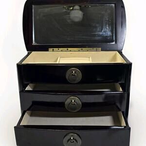 Vintage Wooden Vanity Jewelry Box w/ Mirror & Drawers Nice Condition